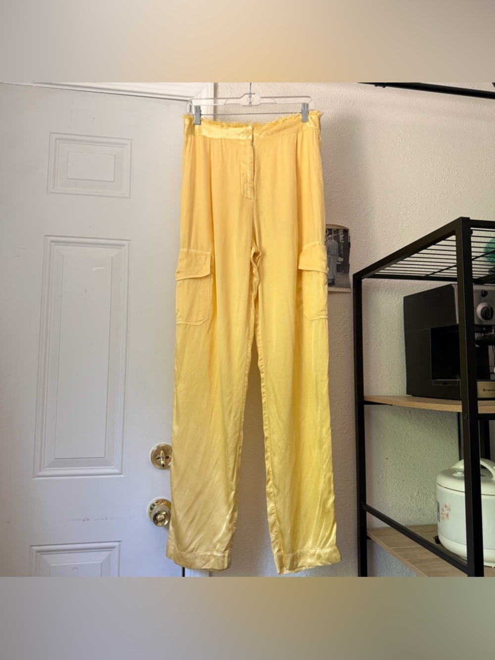 NWT RAQUEL ALLEGRA butter yellow cargo high rise slim straight‎ leg fray pants